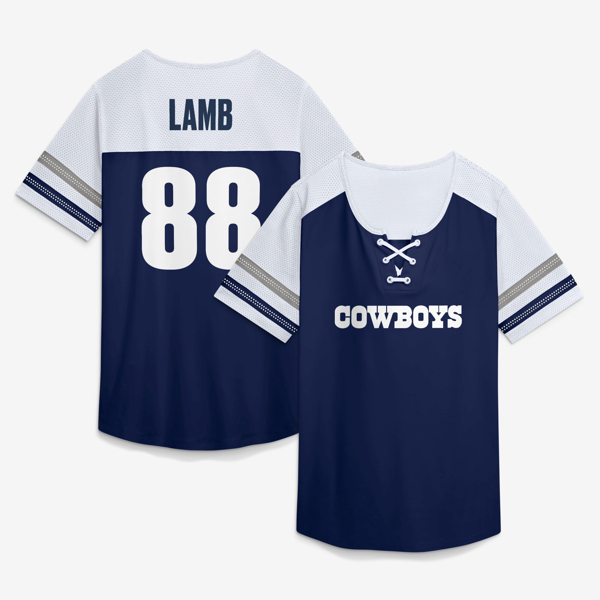 T-shirt Fanatics CeeDee Lamb bleu marine Dallas Cowboys Curl Route Athena à lacets avec nom et numéro pour femme